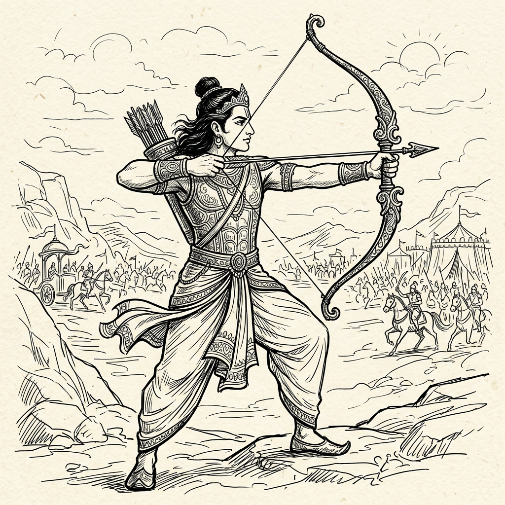 Ancient warrior dressed in traditional armor aiming a bow and arrow